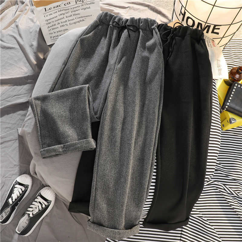 HOUZHOU Winter Warm Wide Leg Pants Women Korean Style Oversized Woolen Jokers Black High Waist Trousers For Female 211115