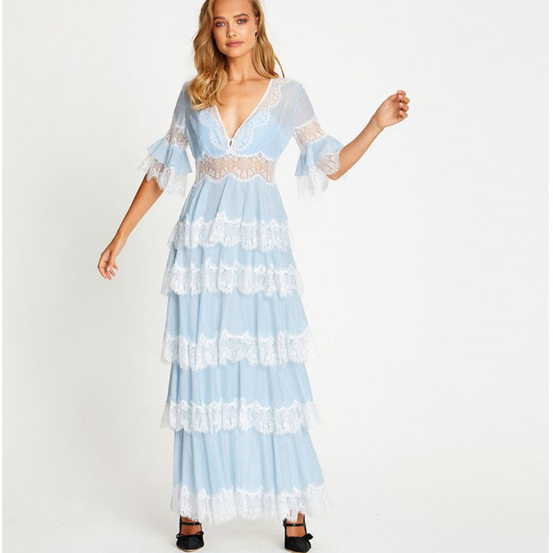 Women Long Dress Short Sleeve Holiday and Vocation Lace Hollow Out Ruffled Style Light Blue Sexy 210421