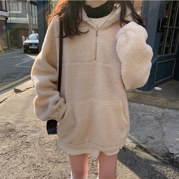 autumn and winter Korean style vintage lamb fur thicking hoodies womens loose sweatshirts and pullovers (X1236) 210423