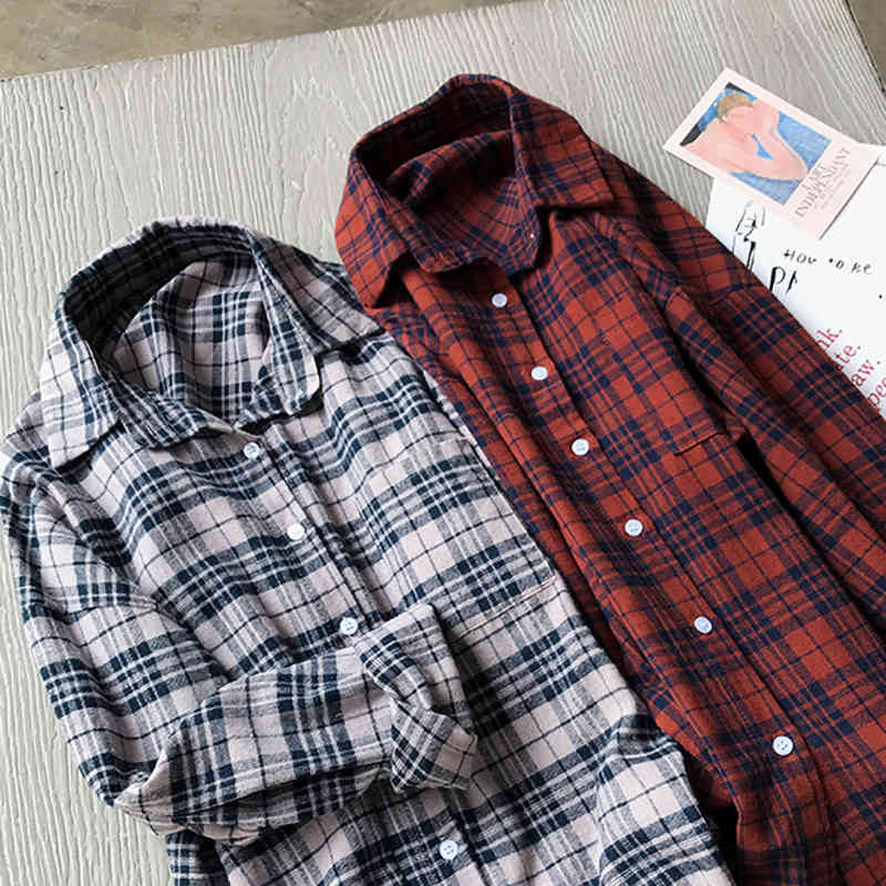 Plus Size Women Blouses Korean Style Vintage Plaid Shirts Tops Button Up Casual Loose Oversized Long Sleeve Shirt Fashion 210415