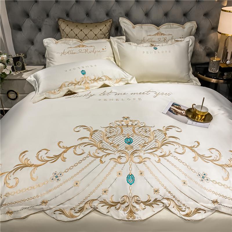 Luxury White Satin Silk Cotton Bedding Set Soft Silky Gold Embroidery Duvet Cover Flat/Fitted Sheet Pillowcases Home Textiles Sets