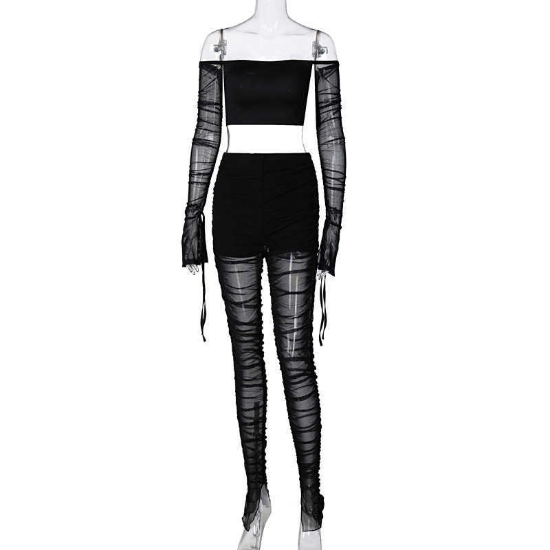White Black Mesh Two Piece Set Long Sleeve Crop Top and Stacked Pants Sexy Birthday Club Outfits for Women D16-DF32 Y0625