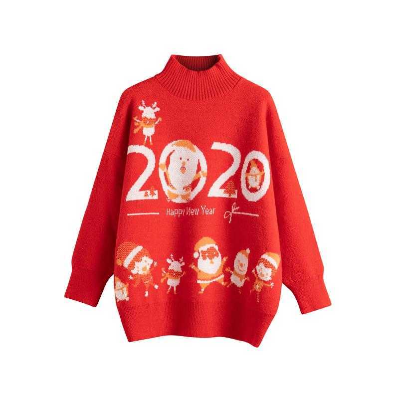 H.SA Women Sweater Jumpers Red Christmas Pullovers Oneck Christmas Man Pull Jumpers Oversized Loose Knit Tops Cartton Knit 210716