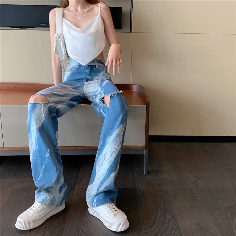 Yedinas 90s Egirl Tiedye Blue Jeans Color Painting Pattern Women Straight Chic Bf Denim Pants Full Length Hole Trousers 210527
