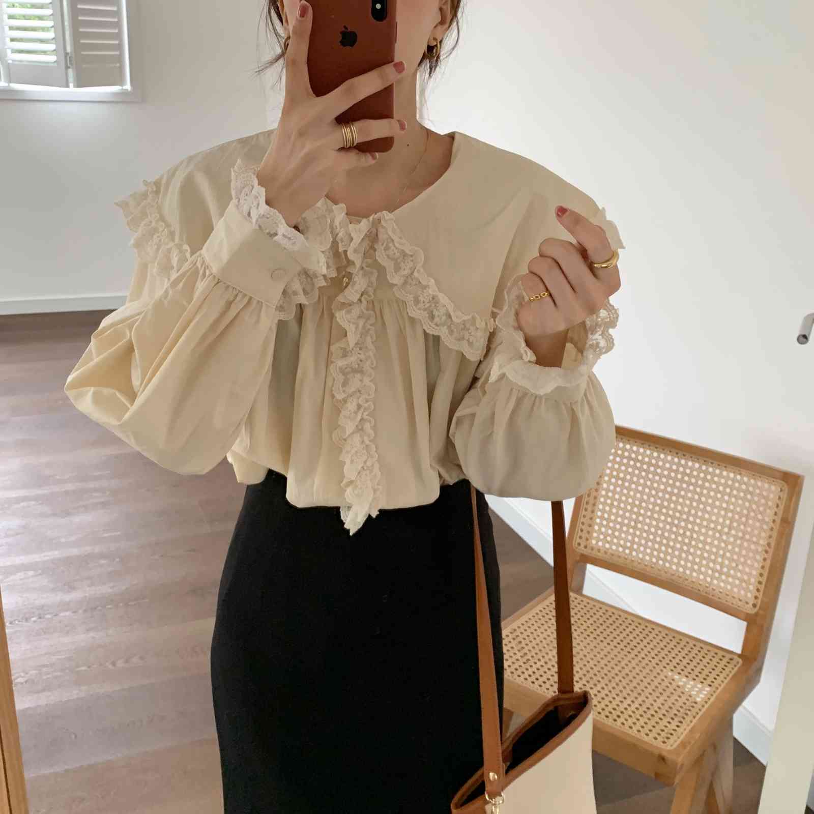 Apricot Office Lady Casual Brief Chic Loose Retro Gentle Blouses Tops Streetwear All Match Stylish Shirts 210416