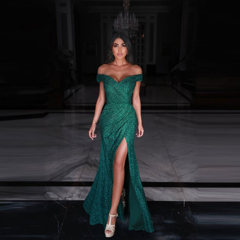 Women Dress Slash Neck Off Shoulder Party es Slim High Waist Split Maxi es Plus Size Sexy Evening 210524