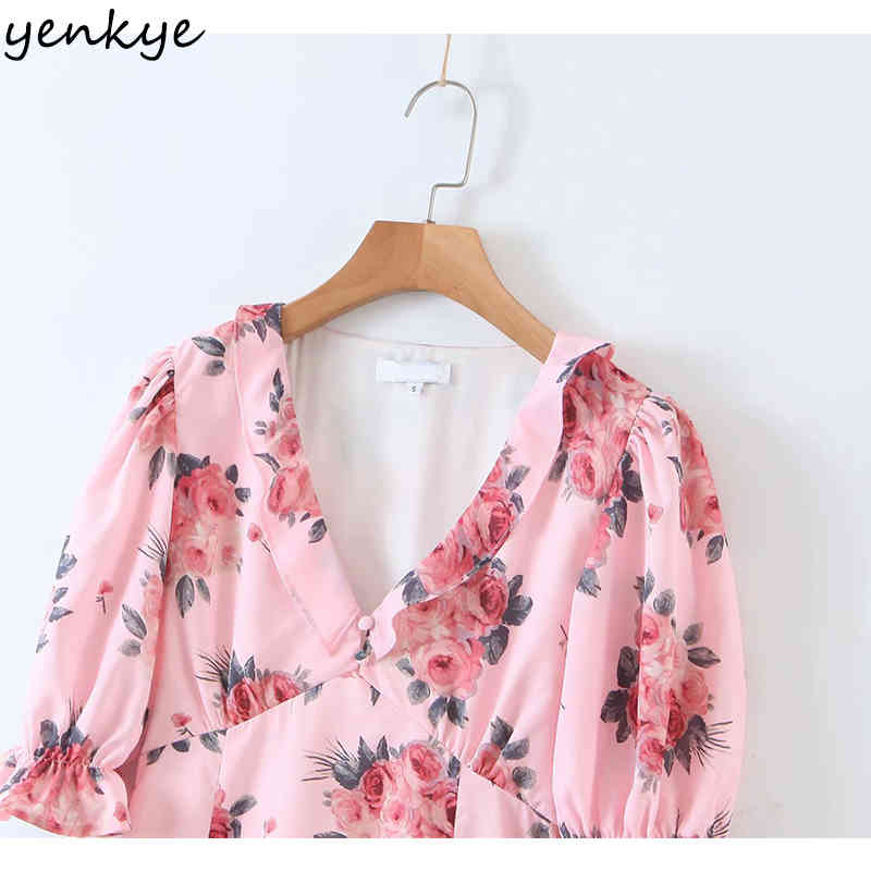 Sweet Women Floral Print Pink Holiday Summer Dress Puff Sleeve V Neck Vestido Mujer High Waist Ruffle A-line Mini 210430