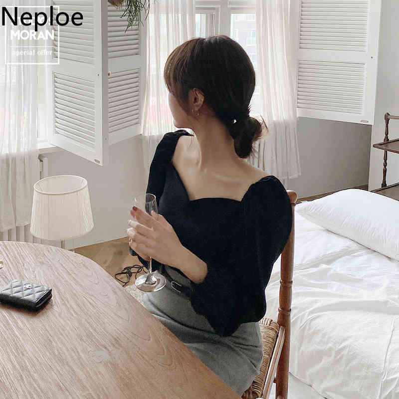 Neploe Vintage Elegant Blouses for Women Clothing Korean Square Collar Chic Shirts White Black Tops Long Sleeve Blusas Mujer 210422