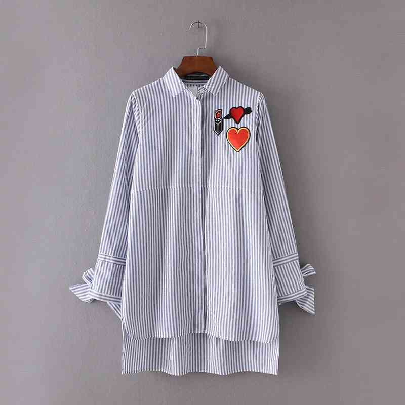Fashion Women Embroidery Patch Long Sleeve Striped Mini Shirt Dress Casual Lady Loose Clothing D789 210430Z