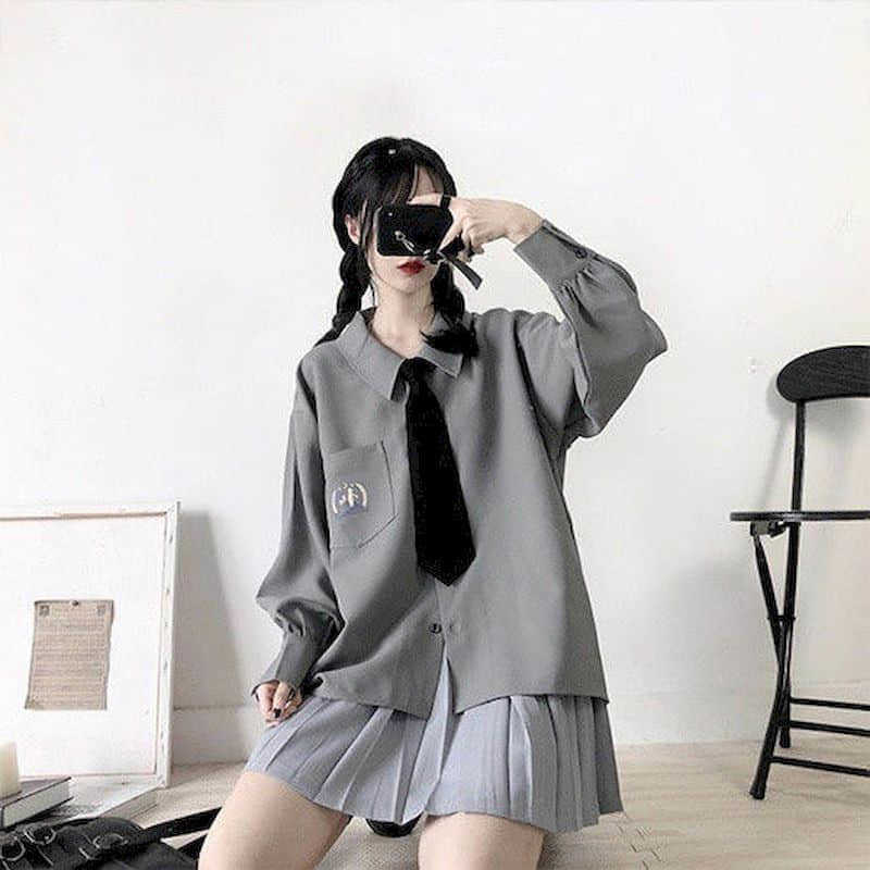 Short skirt suit women spring Korean preppy style casual loose printed shirt with tie + pleated two-piece sets 210526