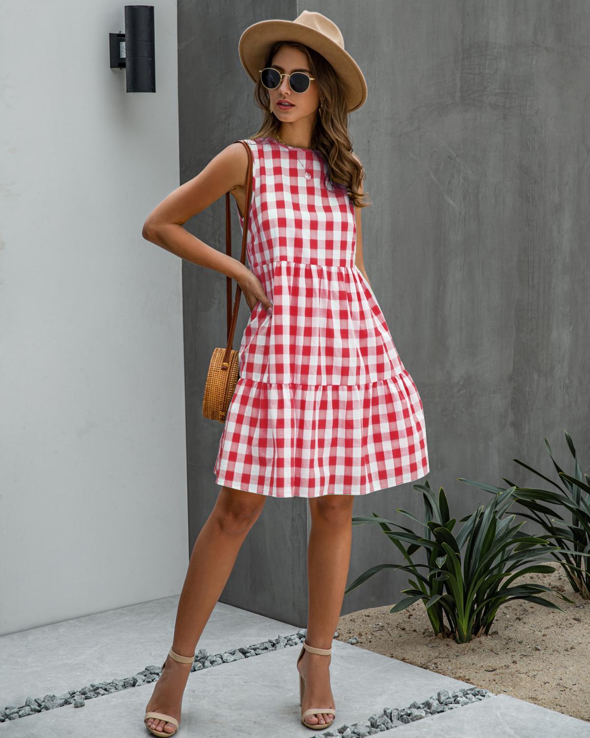 Plaid Dress Women Black A-line Sundresses Pockets Summer Causal Blue Loose Fit Clothes Beach Dress For Women 210521