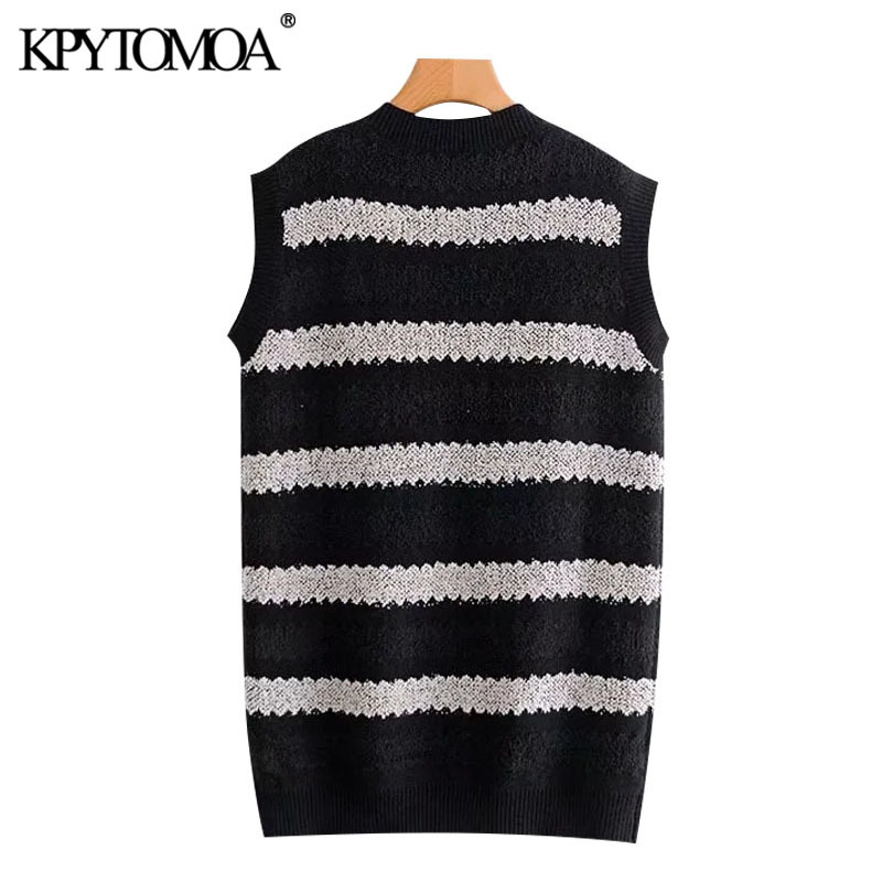 Women Fashion Patchwork Striped Loose Knitted Vest Sweater V Neck Sleeveless Female Waistcoat Chic Tops 210420
