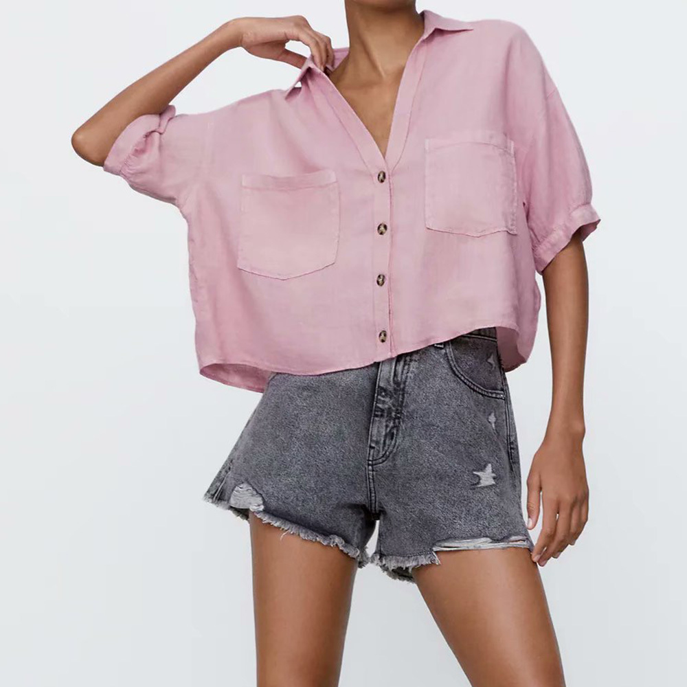 Women Fashion Candy Color Double Pockets Loose Linen Smock Blouse Lady Buttons Short Shirt Chic Kimono Blusas Tops 210521