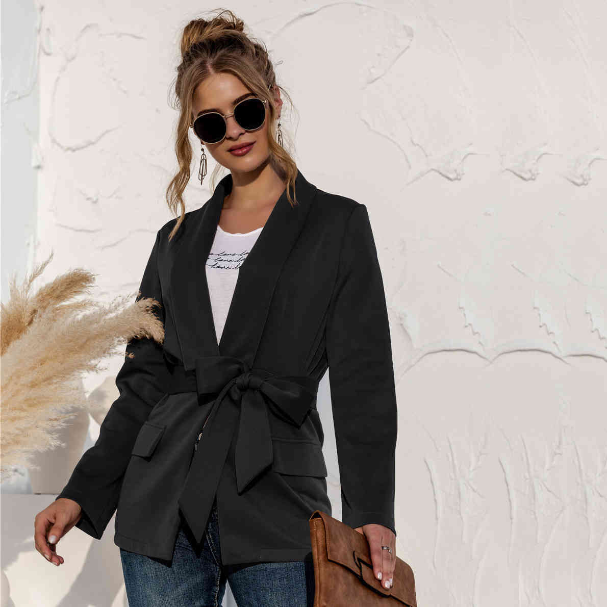 Women blazer jacket fashion Spring V-Neck Standard Lace Solid Pockets Casual Women's Blazer with belt OL female outwear 210524