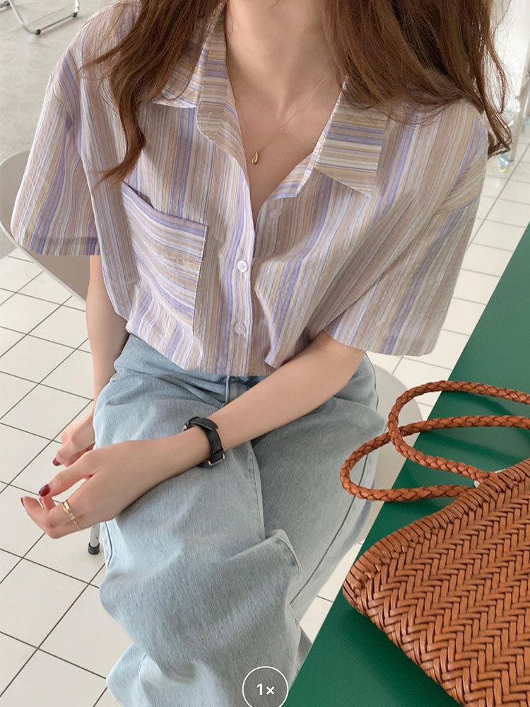 2Colors korean style stripe short sleeve blouse women Shirt Cardigan loose Cotton summer tops (x1927) 210423