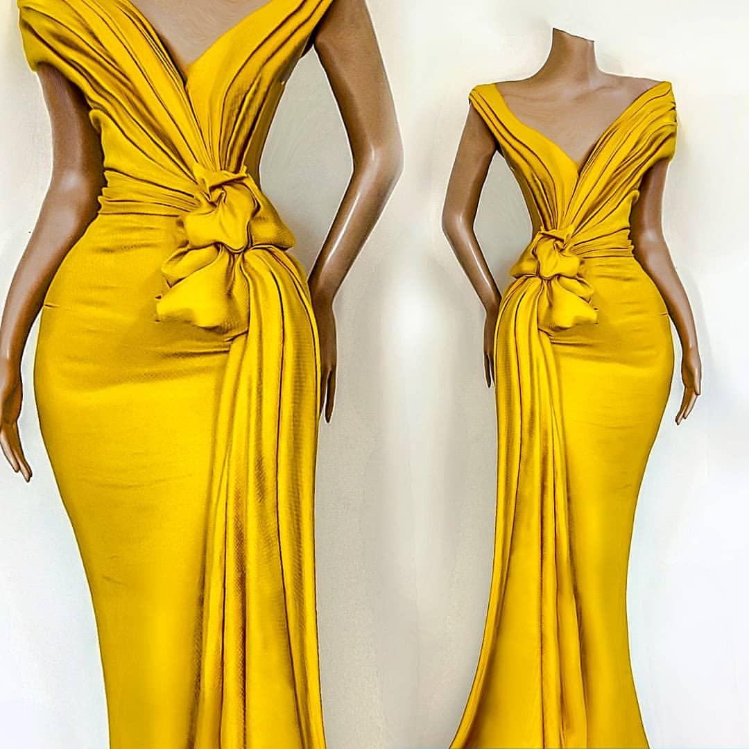 Sexy Stunning Yellow Prom Dresses Pleats Knoted Mermaid Evening Dress Off the Shoulder Formal Party Celebrity Gowns For Women
