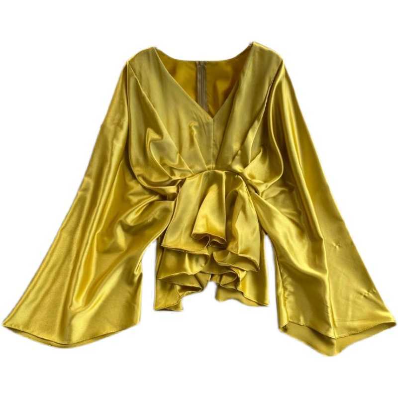 Women Fashion V Neck Pleated Waist Thin Long Bat Sleeve Satin Tops Lady Korean Clothing Solid Color Harajuku Shirt Blouse R112 210527