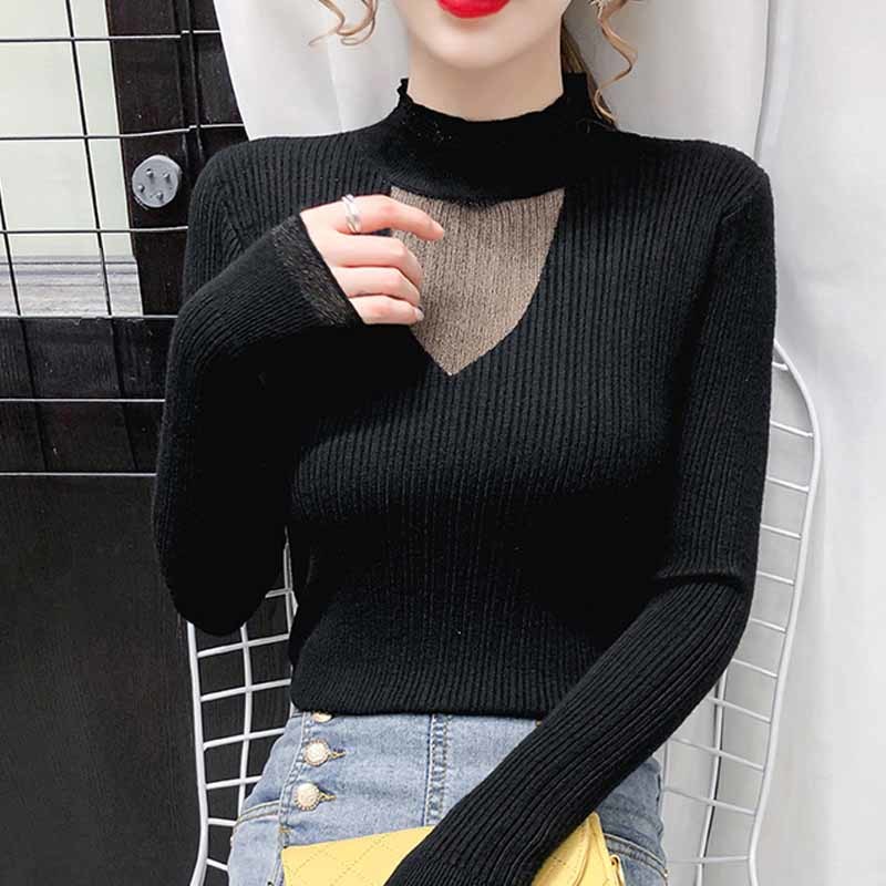 Sexy Temperament Knitted Jumper Net Yarn Splicing Turtleneck Sweater Women Inner Base Long Sleeve Slim Sweater Pull Femme 11591 210518