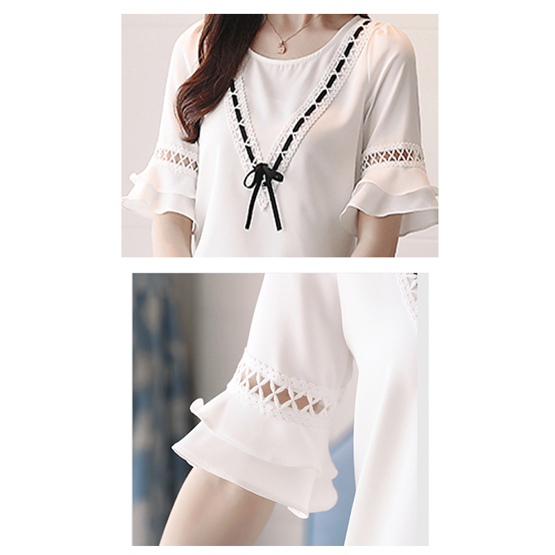 Women's Tunic Summer Short Sleeve Solid Color Elegant Bow Chiffon Blouse Women Office Lady V-neck White 8851 50 210427