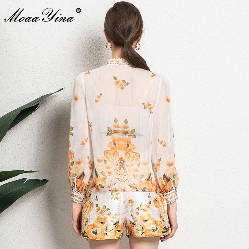 Fashion Runway Summer Shorts Set Women Long sleeve Floral print Casual Blouse and Slim 2 Pieces Suit 210524