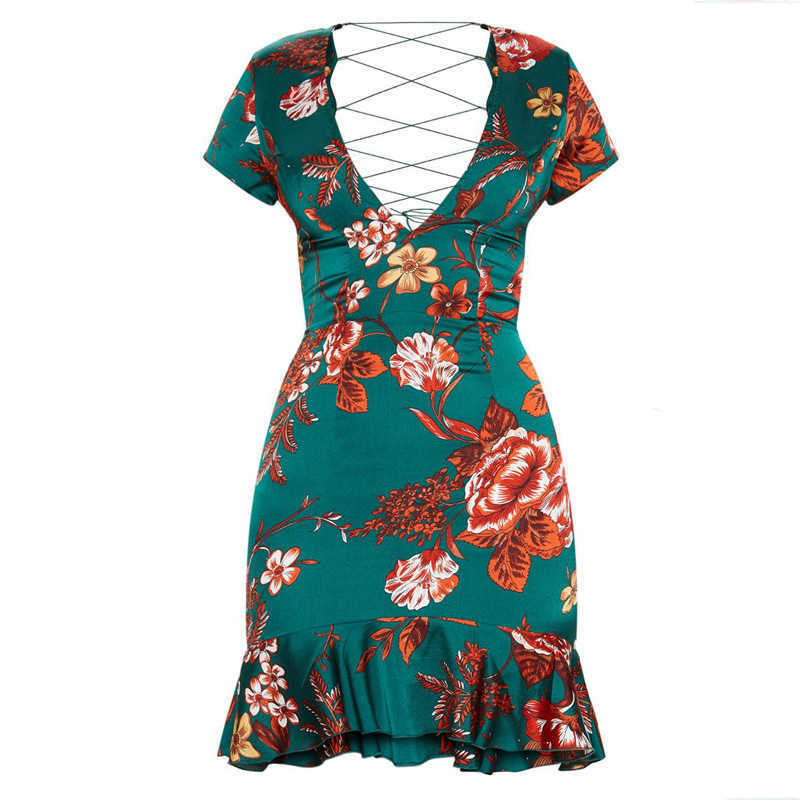 Women Green Criss Cross Back Frill Hem Shift Dress Streetwear Sheath Flora Print Short Sleeve Above Knee Mini Summer Party 210623