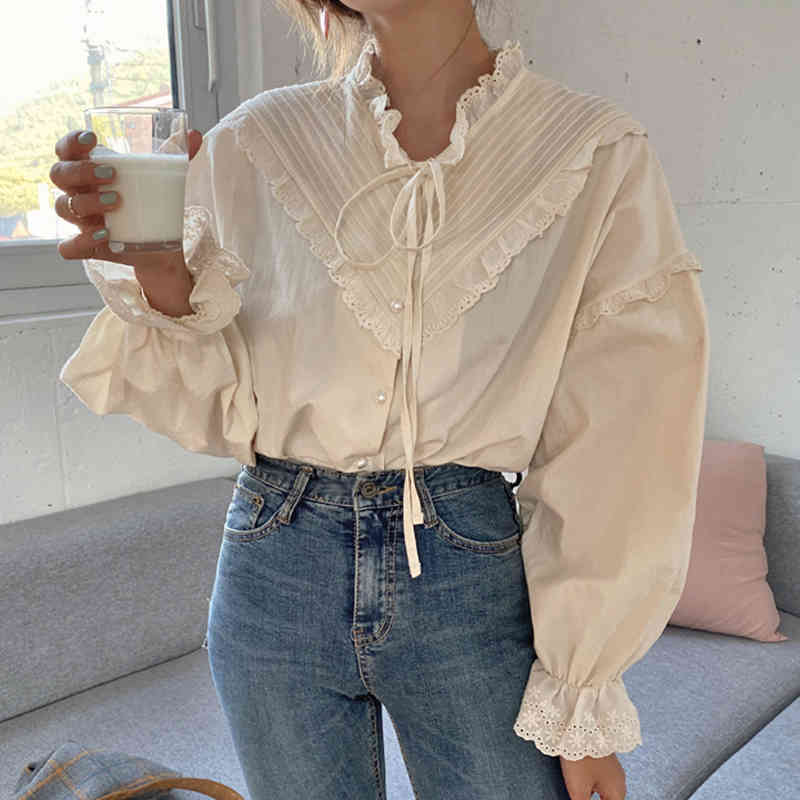 Loose Clothing Cotton Vintage Elegant Tops Women Shirt Korean Style Solid Long Lantern Sleeve Blouse Blusas 9580 210427