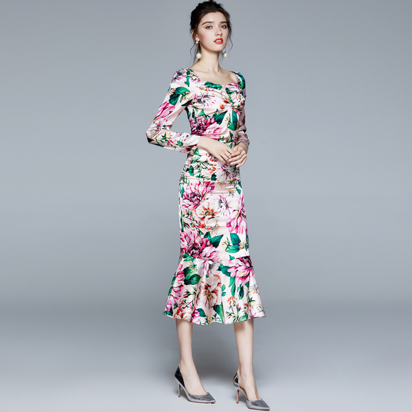 Runway Women's elegant Square collar Long sleeve Vintage Flower print Mermaid Party Ruffles Bodycon Dress 210519