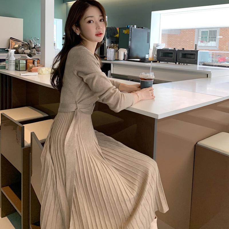 Elegant Dresses Women Solid Long Sleeve V-neck Knitted Sashes Slim Waist Pleated Woman Dress All-match Fashion Vestidos Female Casual