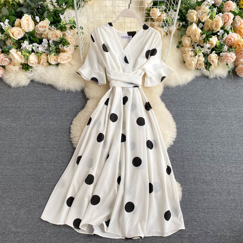 10 Color Summer Red V Neck Short Sleeve Bandage Waist Polka Dot Dress Women Flare Fashion Clothing Elegant Vestido 210429