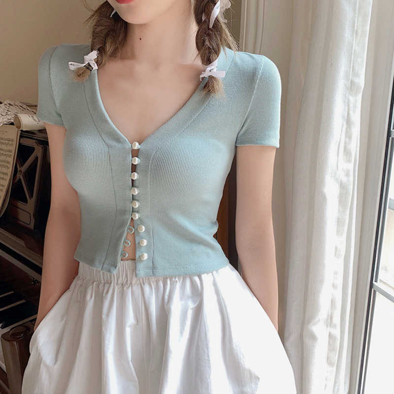 WOMENGAGA Summer Sweet Tops T-shirt Female V-neck Pearl Buttons Short Sleeve Thin Slim Korean Top Tees 09SS 210603, Haze blue
WOMENGAGA Summer Sweet Tops T-shirt Female V-neck Pearl Buttons Short Sleeve Thin Slim Korean Top Tees 09SS 210603, Haze blue