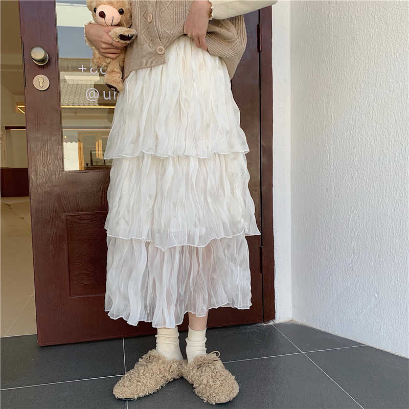 Alien Kitty Maxi Chiffon Skirt Women Fashion Korean Elastic High Waist Cake Long Skirts Female Lady Black White Bottoms 210621