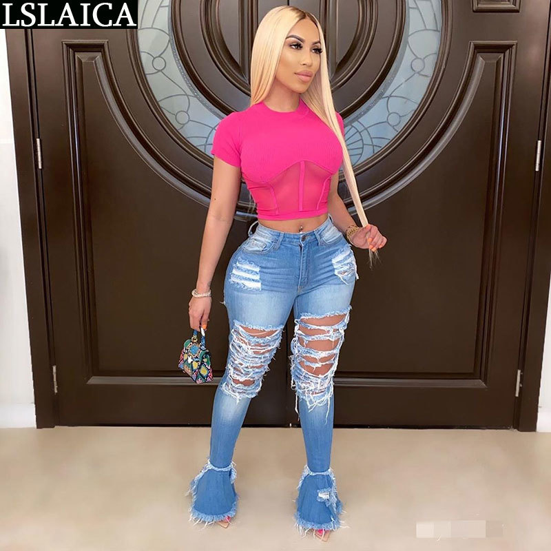 Jeans For Women Casual Hole Whitening Fashion Elegant Long Pants Zipper Tassel Flare Streetwear Denim Pant Trousers 210520