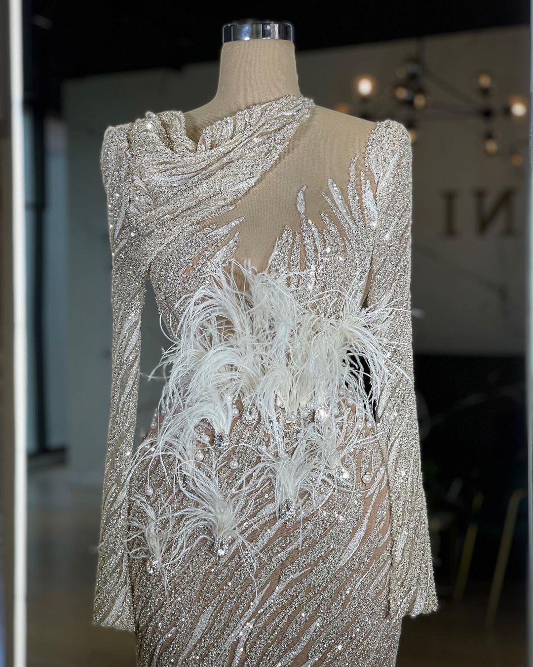 Gorgeous Sequins Mermaid Prom Dresses Sparkly Sheer Neck Long Sleeve Ostrich Feather Evening Dress Pleats Women vestidos Custom Made