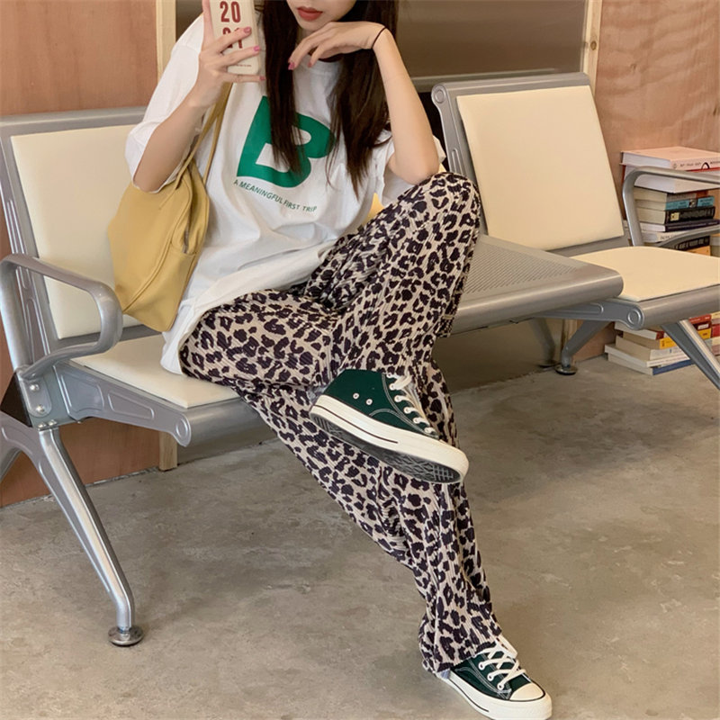 Pleated Leopard Stylish Straight Femme Prom Loose Party High Waist Summer Animal Printed Casual Pants 210421