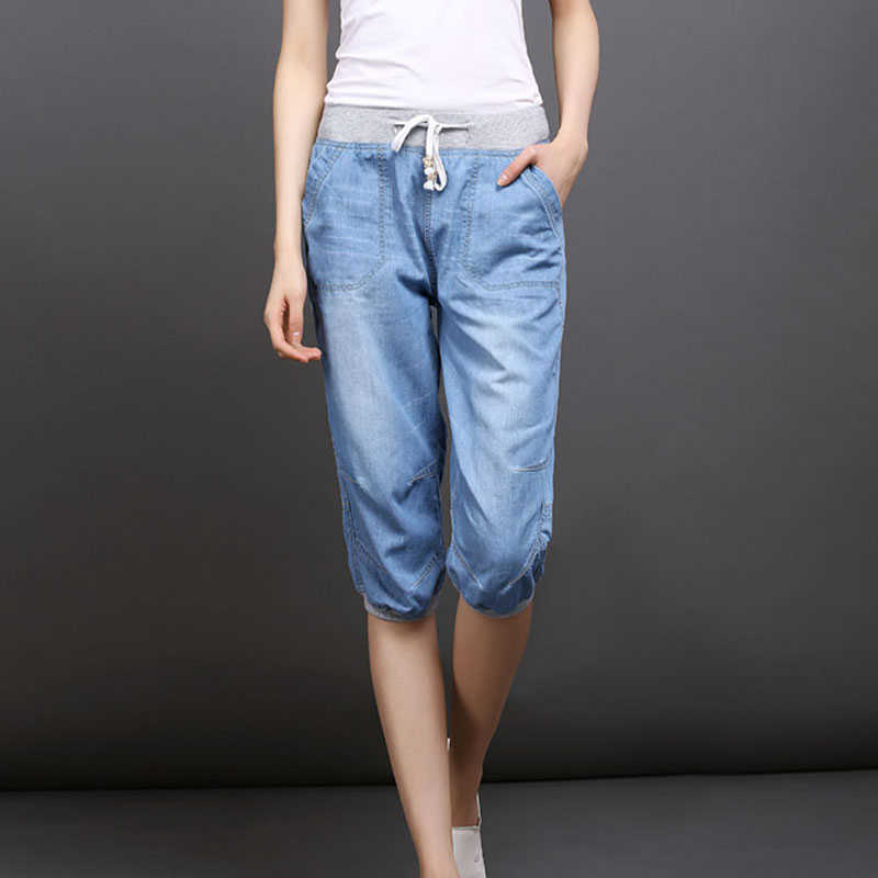 Plus Size Black Denim Jeans Women's Summer Harem Pants Light Washed Loose Cotton Casual Calf-Length Blue Trousers Women 3XL 4XL 210616