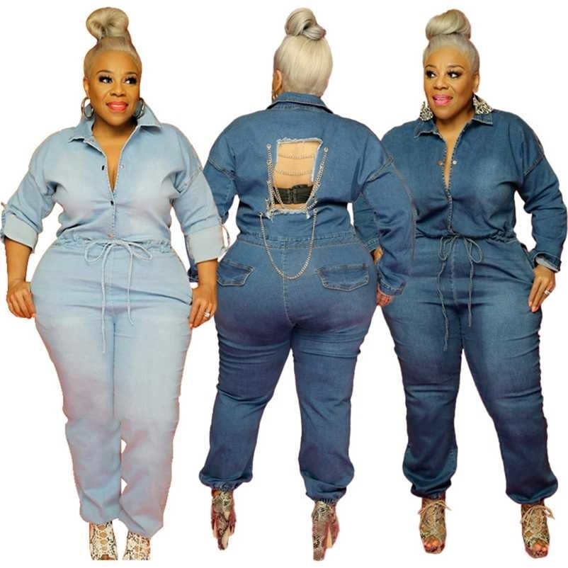 Plus Size Sets Jumpsuits Jeans Woman Pure Color Chole Chain Collect Waist Backless Buttons Long Sleeve Wholesale Drop 211029, D-2
Plus Size Sets Jumpsuits Jeans Woman Pure Color Chole Chain Collect Waist Backless Buttons Long Sleeve Wholesale Drop 211029, D-2