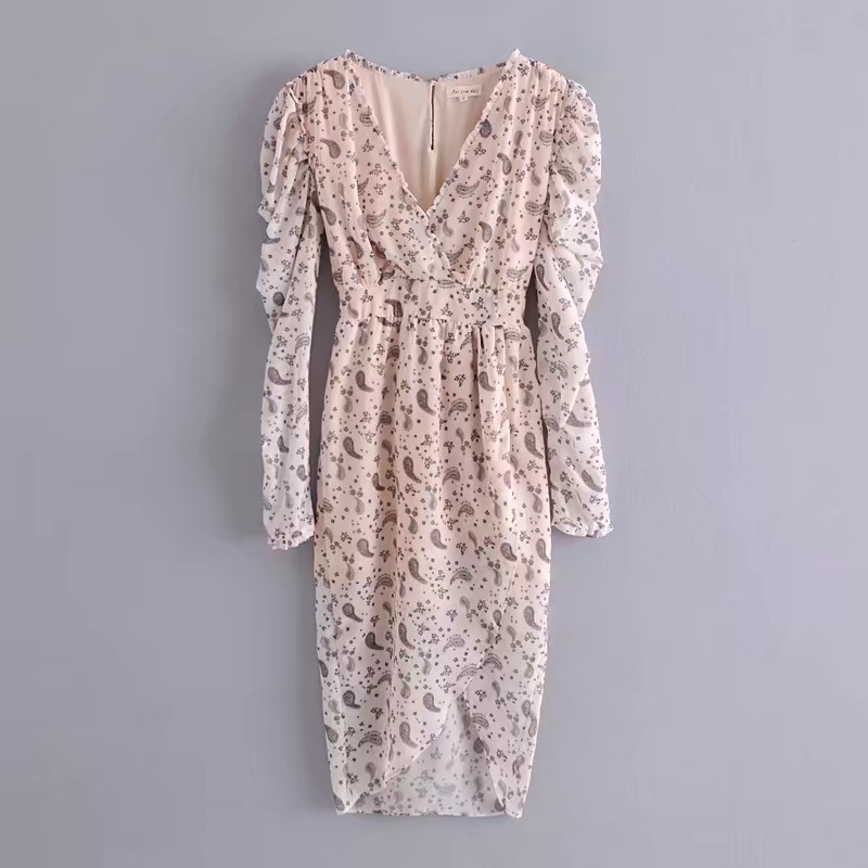 Elegant Women Cross V neck Paisley Floral Print Long Sleeve Dress Ladies Ruched Elastic Waist Slit Midi Dresses With lining 210429