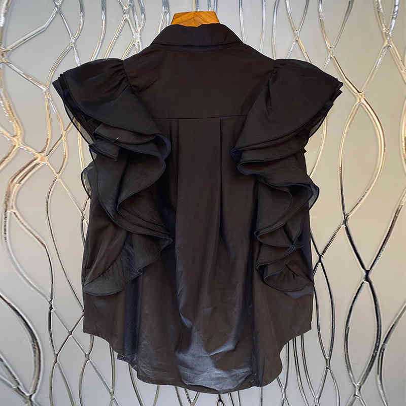 Patchwork Ruffle Solid Blouse Female Lapel Short Sleeve Casual Elegant Shirt For Women Fashion Clothes Summer 210524