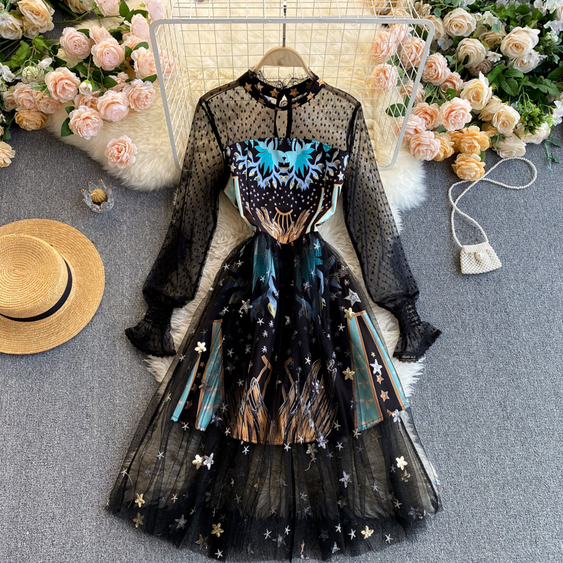 High-end Custom Fantasy Starry Sky Feminine Black Mesh Lace Dress Long-sleeved Printted Dot Embroidery Stars Slim Dress Robe 2021
High-end Custom Fantasy Starry Sky Feminine Black Mesh Lace Dress Long-sleeved Printted Dot Embroidery Stars Slim Dress Robe 2021
