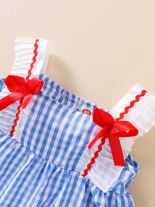 Baby Gingham Bow Front Ruffle Trim Contrast Tape Cami Dress SHE