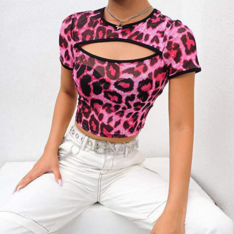 Women T Shirt Leopard Print Tee Female Hollow Out Perspective Sexy T-shirt Summer Tops Crop Top Short Tshirt 210524