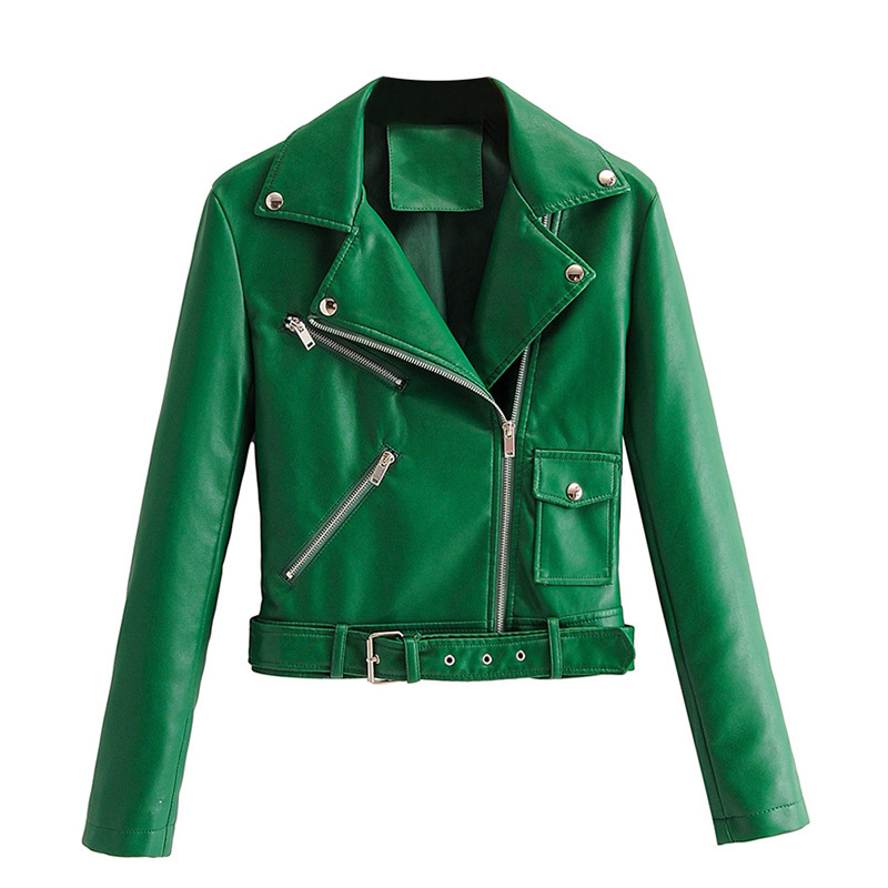 Solid Pu Leather Jacket Women With Belt Office Wear Zipper Tops Lady Long Sleeve Stylish Chic Coat Female Spring Autumn 210515