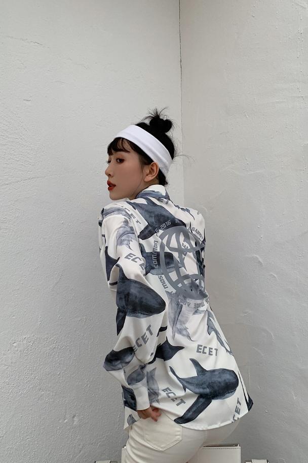 Shark Print Oversized Shirt White Long Sleeve Top Women Button Up Collar High Fashion Blouses 210427