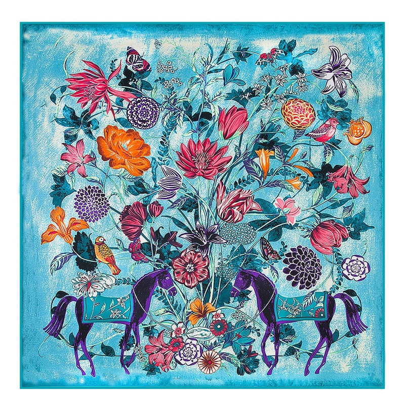 130cm New Silk Scarf Square Floral Horse Print Shawl Beach Towel Fashion Handkerchief