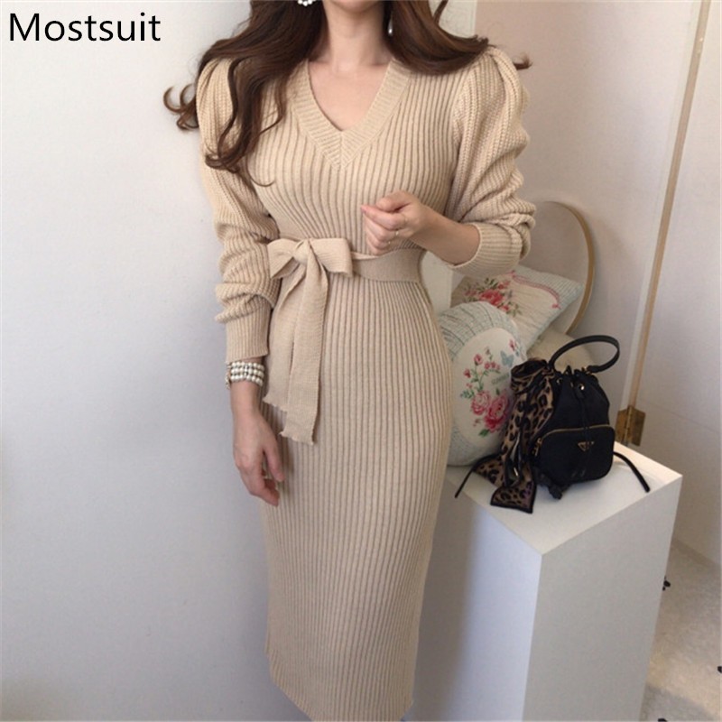 Korean Elegant Knitted Women Long Dress Winter Sleeve V-neck Belted Sweater Dresses Fashion Ladies Vintage Vestidos 210518, Apricot
Korean Elegant Knitted Women Long Dress Winter Sleeve V-neck Belted Sweater Dresses Fashion Ladies Vintage Vestidos 210518, Apricot