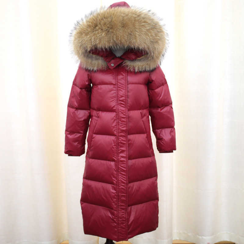 Large Natural Raccoon Fur Collar Hooded Winter Down Jacket Women 90% White Duck Down Thick Warm Park Female Long Snow Coat 210918
