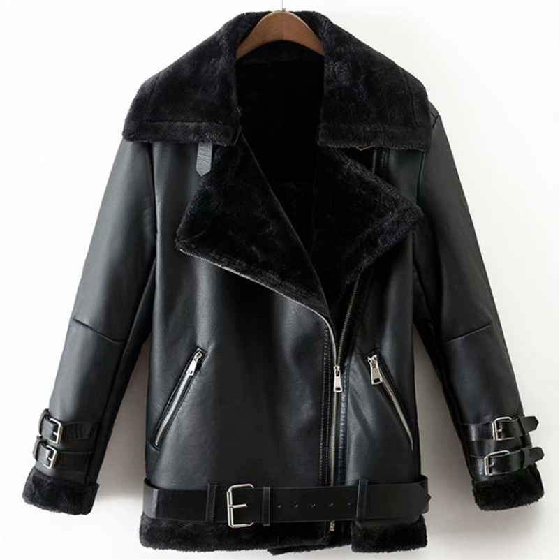 Vintage Woman Faux Leather Coat with Fur Fashion Ladies Winter Thick Motorcycle Outwear Female Warm Zipper Jacket 210515