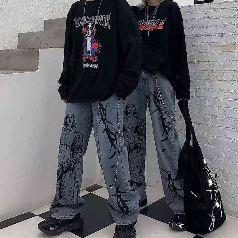 Aolamegs Jeans Men Casual Print Baggy Homme Korean Retro Wide Leg Anime Denim Pant Harajuku Hip Hop Trousers 211111