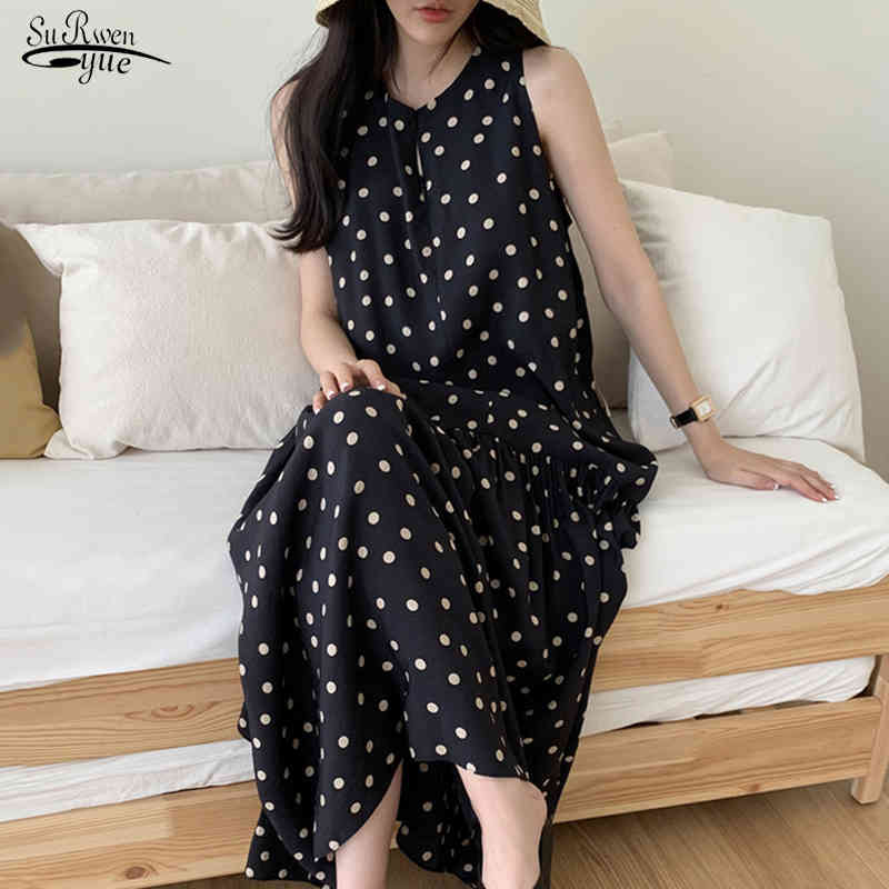 Beach Style O Neck Long Dress Dot Sleeveless for Women Summer Clothing Vintage Plus Size es Robe Femme 13843 210508