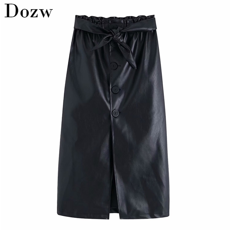 Women Black Bow Tie Pu Leather Skirt Elastic High Waist Elegant Ladies Front Split Buttons Midi Office s Faux 210515